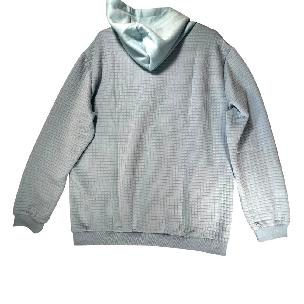 NEW Coofandy XL Light Blue Grid Pattern Hoodie Drawstrings Faux Leather Patch - Picture 6 of 10